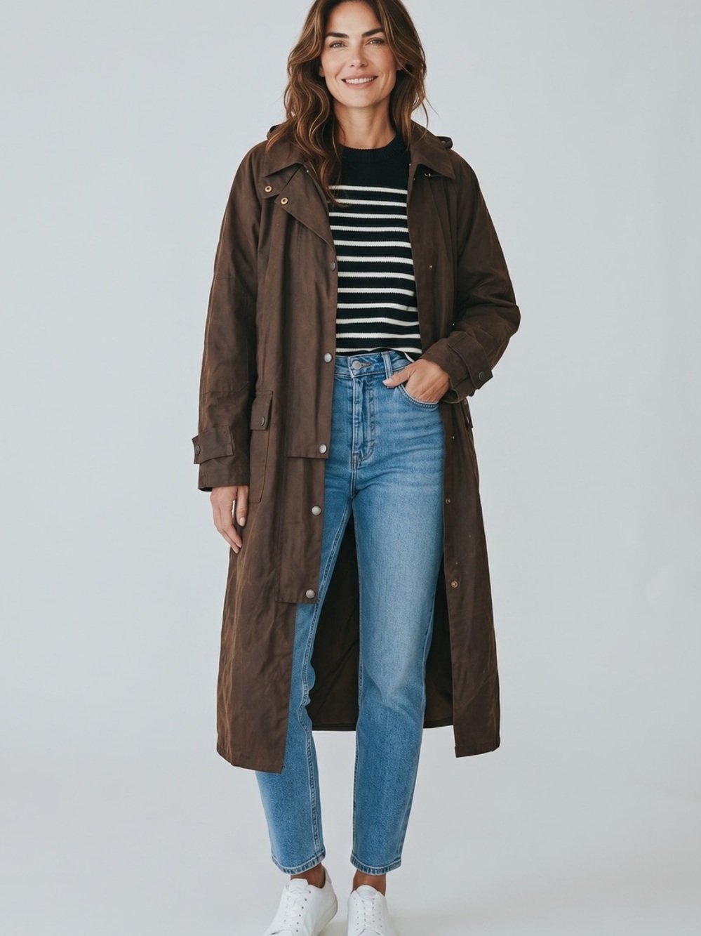 Classic Long Brown Trench Coat with Hood